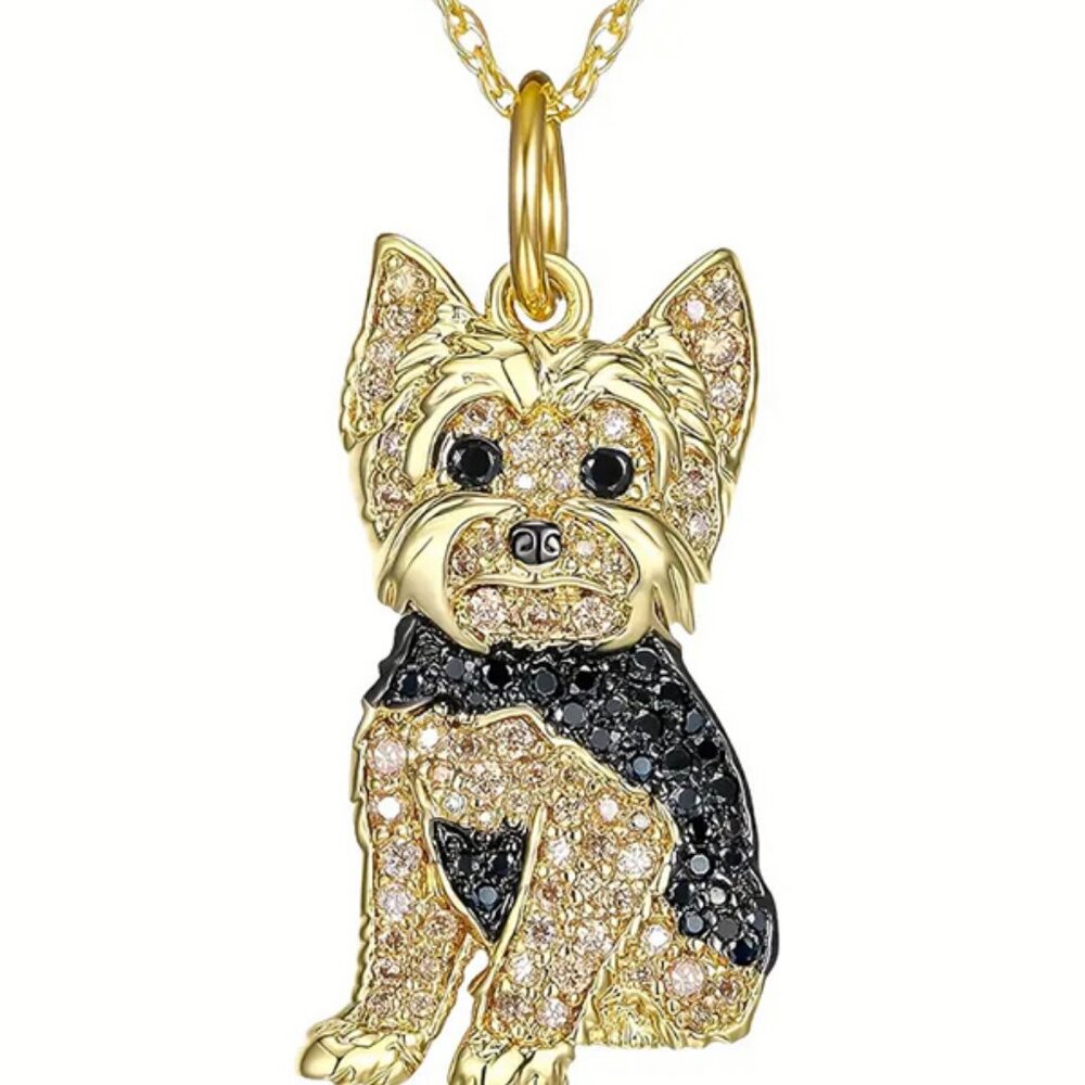 YORKIE Dog Breed Gold Plated Sterling Silver Rhinestone CZ Pendant Necklace NEW